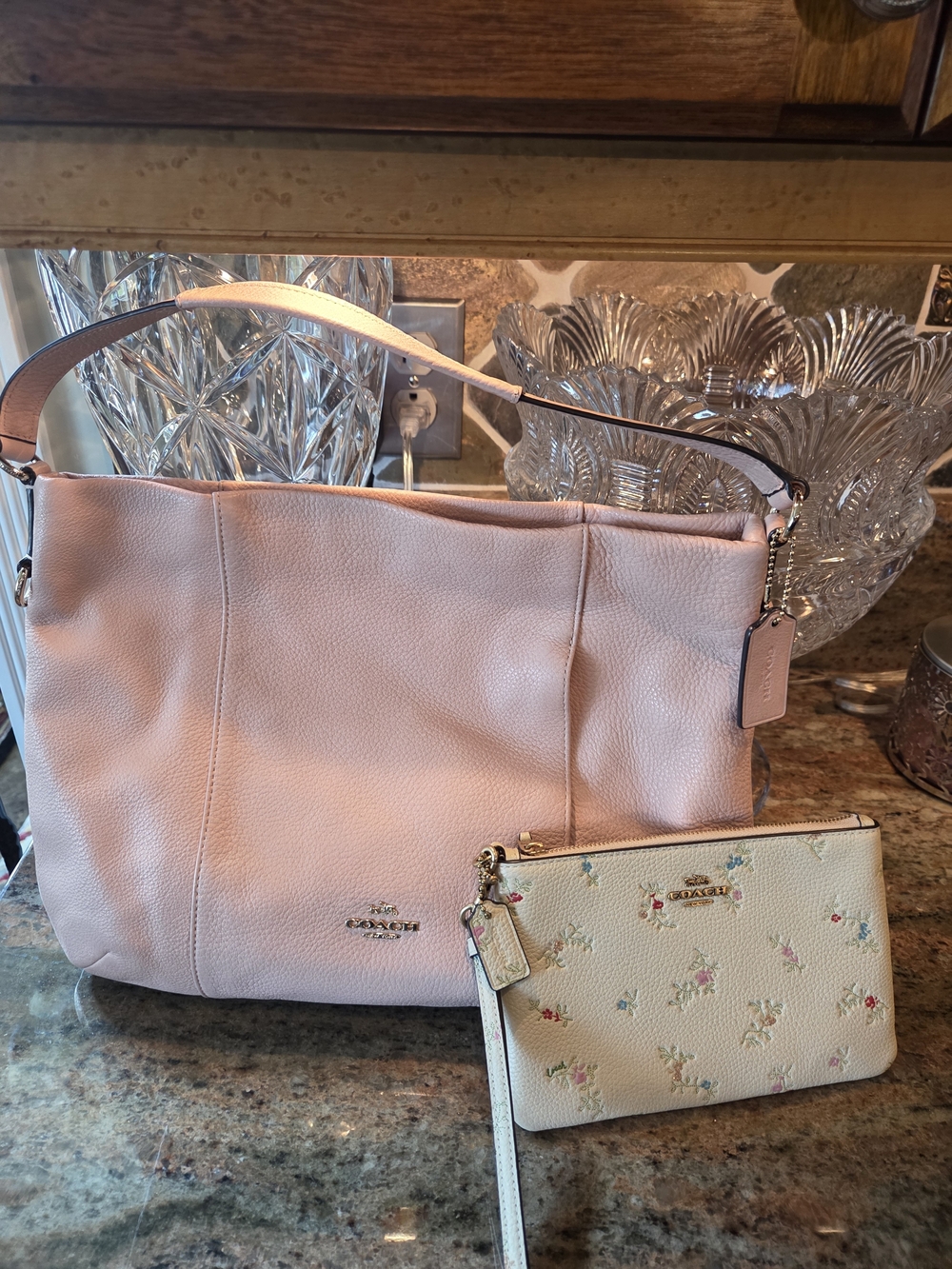Coach Pebble Leather Shoulder Bag with Floral Wristlet - Pink
